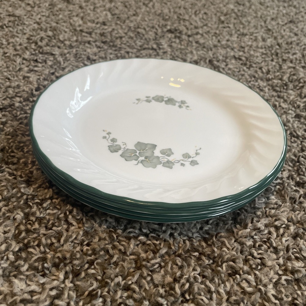 S/4 CORELLE CALLAWAY IVY‎ GREEN TRIM SWIRL 7" Dessert Plates (EUC***NICE***L@@K)